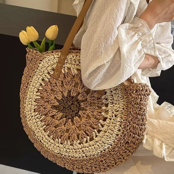 Paper rope hollow out colorful round plate grass woven bag casual beach bag one shoulder fashionable woven bag - Image 9