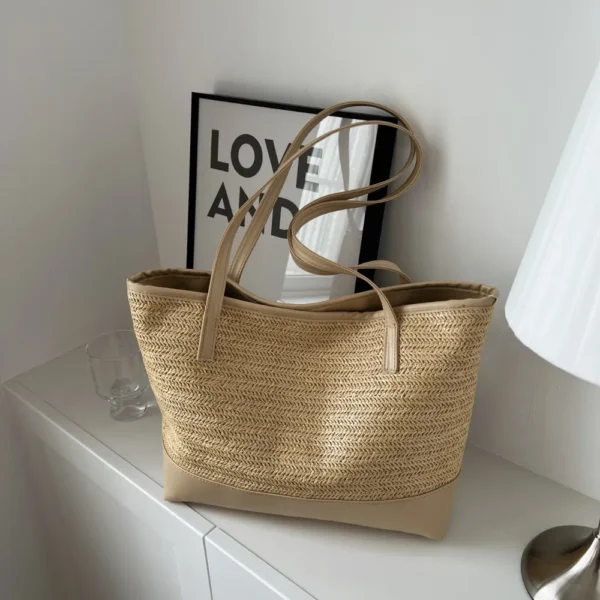 Straw Weave Leather Strap Tote Bag - Image 8
