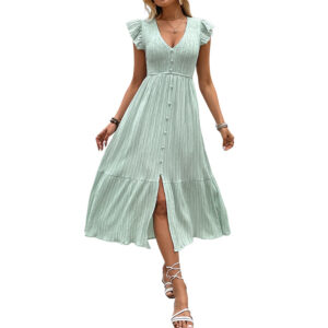 New V-neck slit fresh light green textured dress for women