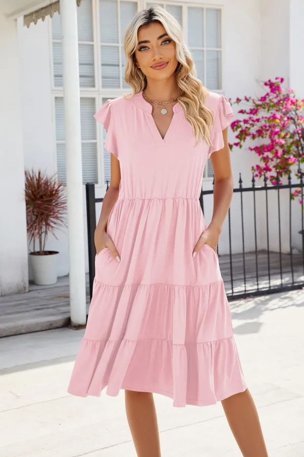 New solid color V-neck loose short sleeved waist patchwork dress - Image 6