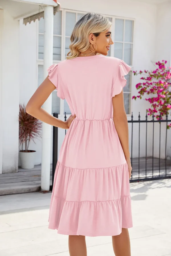 New solid color V-neck loose short sleeved waist patchwork dress - Image 8