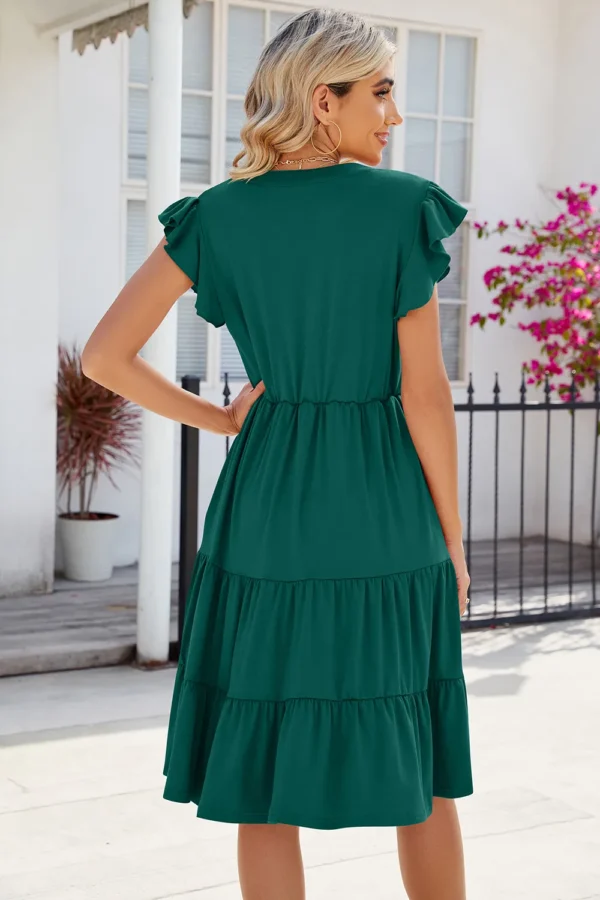 New solid color V-neck loose short sleeved waist patchwork dress - Image 2