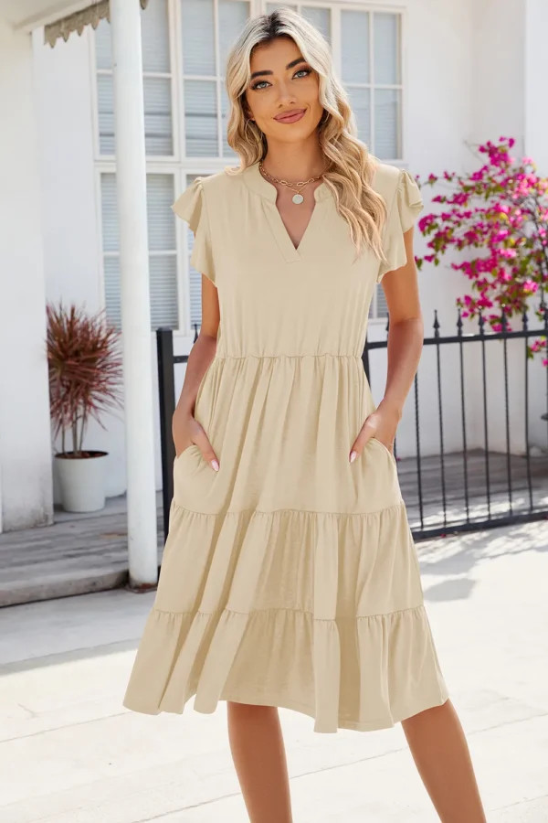 New solid color V-neck loose short sleeved waist patchwork dress - Image 17