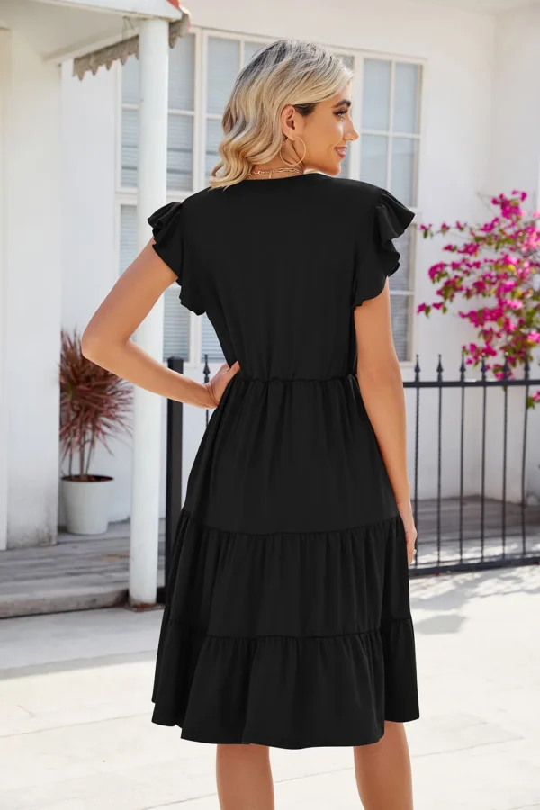 New solid color V-neck loose short sleeved waist patchwork dress - Image 12