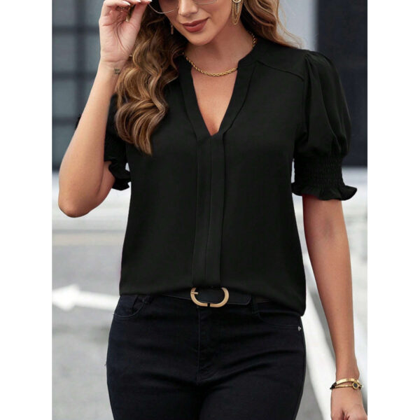 Women's summer new collar style bubble sleeves solid color shirt women's top - Image 10