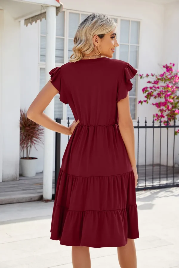 New solid color V-neck loose short sleeved waist patchwork dress - Image 16