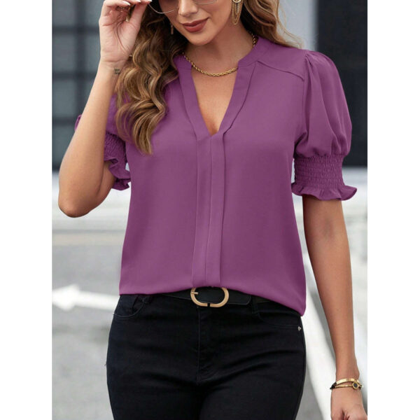Women's summer new collar style bubble sleeves solid color shirt women's top - Image 5