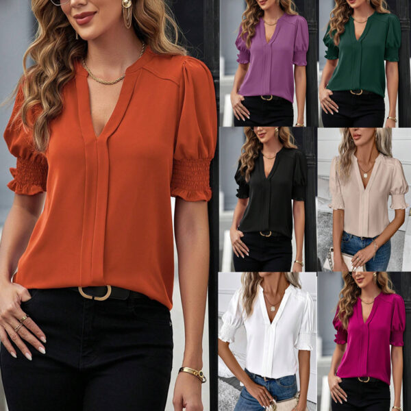 Women's summer new collar style bubble sleeves solid color shirt women's top - Image 11