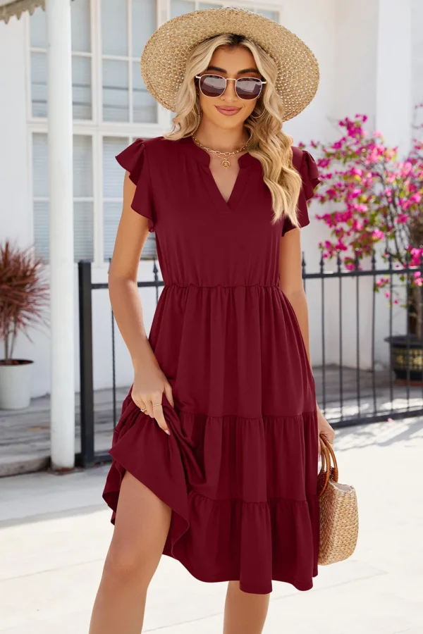 New solid color V-neck loose short sleeved waist patchwork dress - Image 15