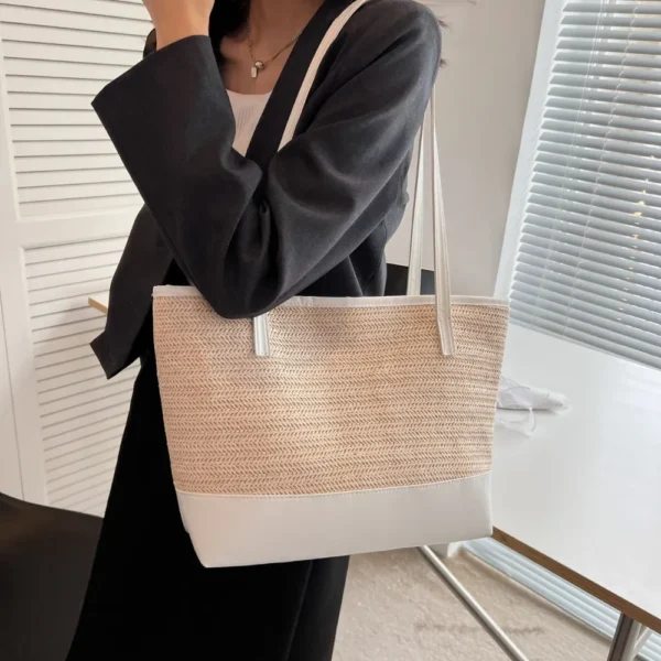 Straw Weave Leather Strap Tote Bag - Image 5