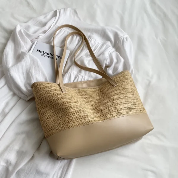 Straw Weave Leather Strap Tote Bag - Image 7