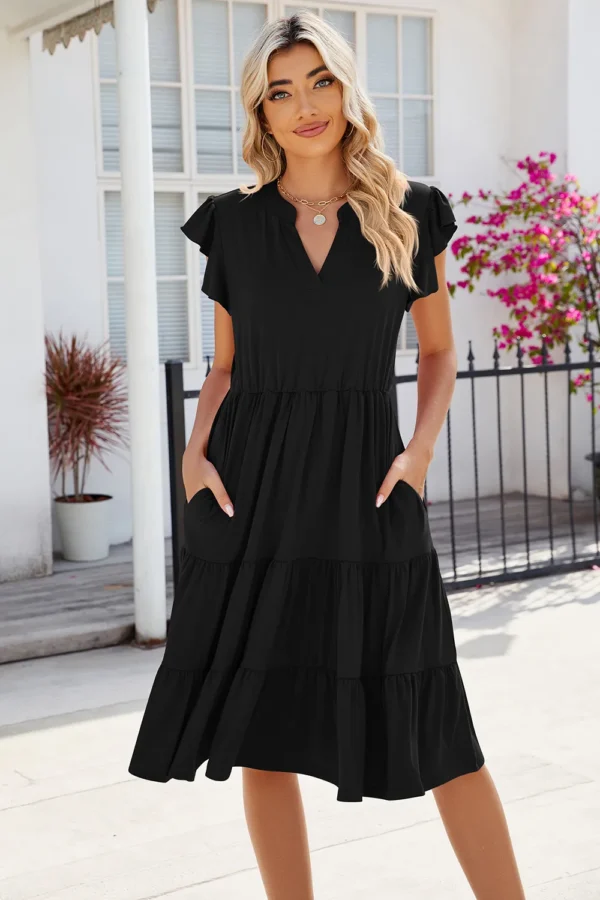 New solid color V-neck loose short sleeved waist patchwork dress - Image 9
