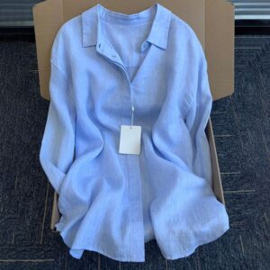 Linen casual cotton and linen lapel sun protection tops summer new thin shirt shirt cardigan jacket loose long sleeves