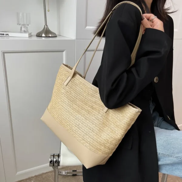 Straw Weave Leather Strap Tote Bag - Image 9