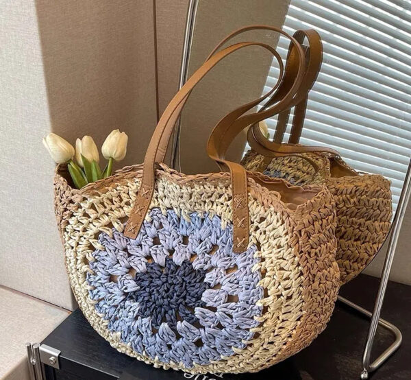 Paper rope hollow out colorful round plate grass woven bag casual beach bag one shoulder fashionable woven bag - Image 8
