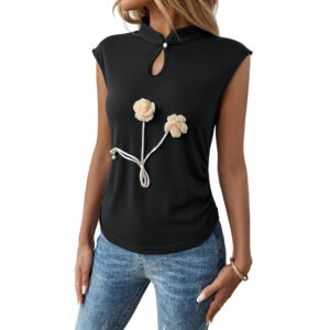 New Chinese style sleeveless black three-dimensional floral Chinese style top