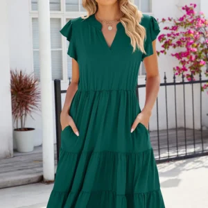 New solid color V-neck loose short sleeved waist patchwork dress