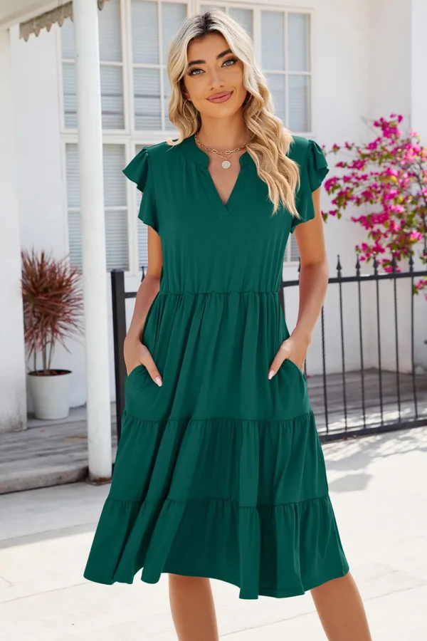 New solid color V-neck loose short sleeved waist patchwork dress