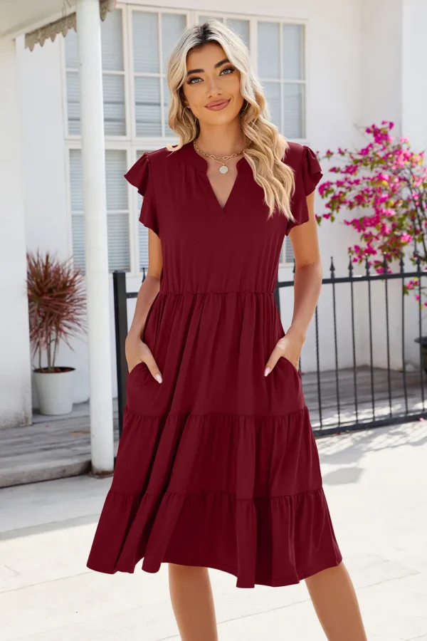 New solid color V-neck loose short sleeved waist patchwork dress - Image 14