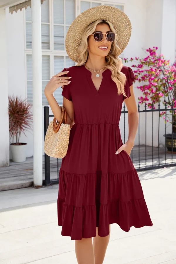 New solid color V-neck loose short sleeved waist patchwork dress - Image 13