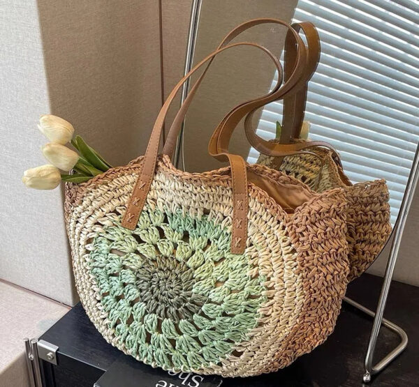 Paper rope hollow out colorful round plate grass woven bag casual beach bag one shoulder fashionable woven bag - Image 7