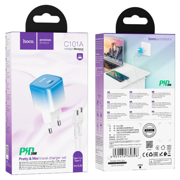 Hoco C101A PD 20W Mini Fast Travel Charger with Type-C to Type-C - Image 2