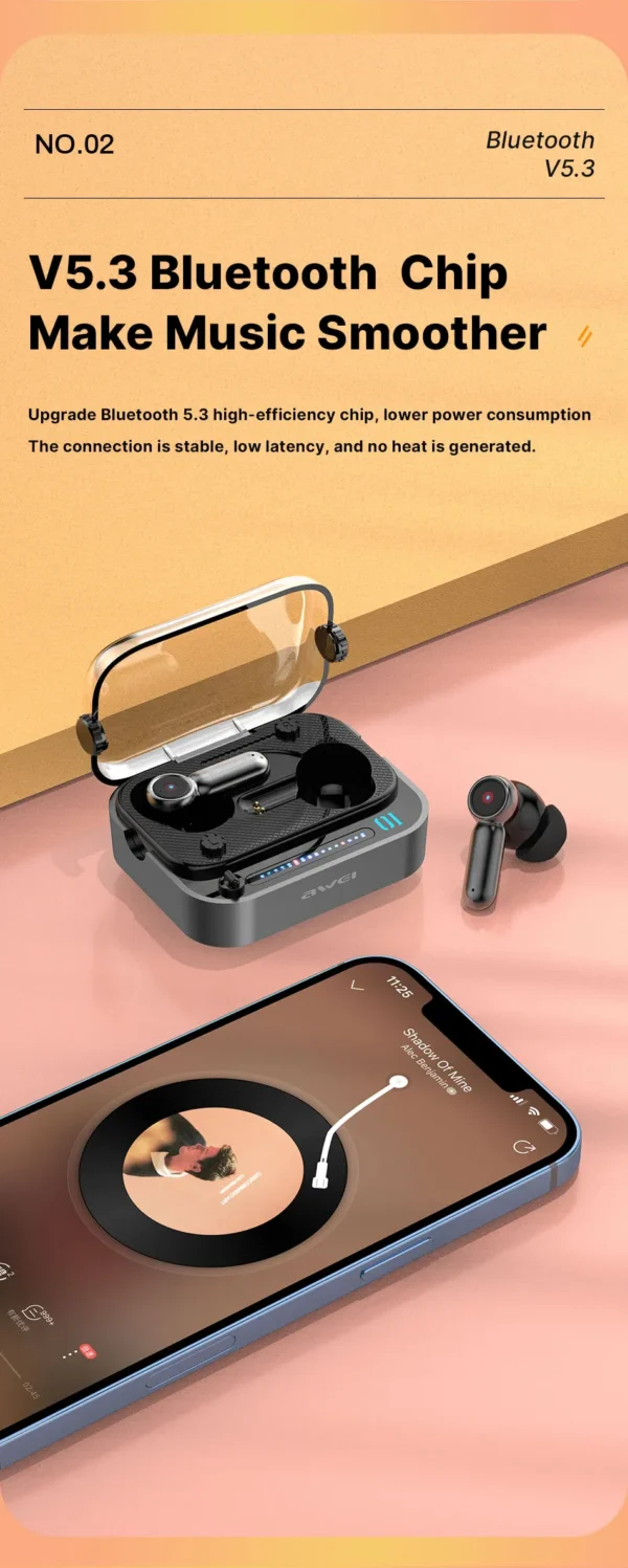 Awei T58 ANC V5.3 Wireless Earphones – RGB Light, 6H Playtime - Image 2
