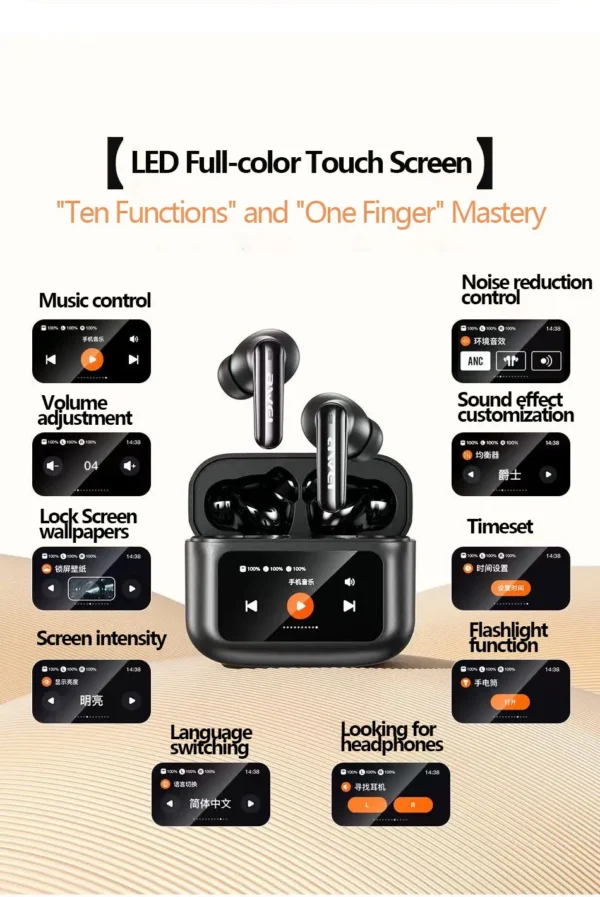 Awei T56 ANC Earbuds – Bluetooth 5.4, Color Screen, HiFi Sound - Image 2